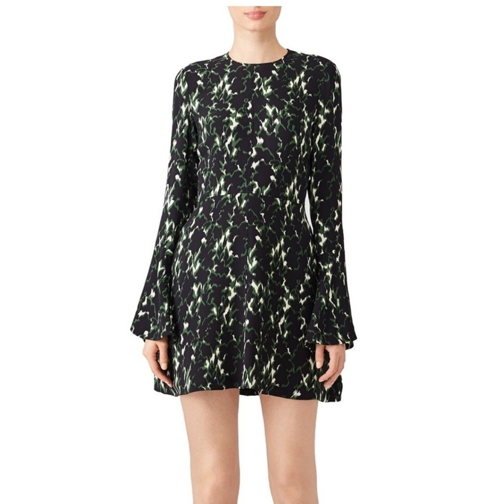 A.L.C. Trixie Silk Mini Dress 10‎ Green Black Bell Sleeve